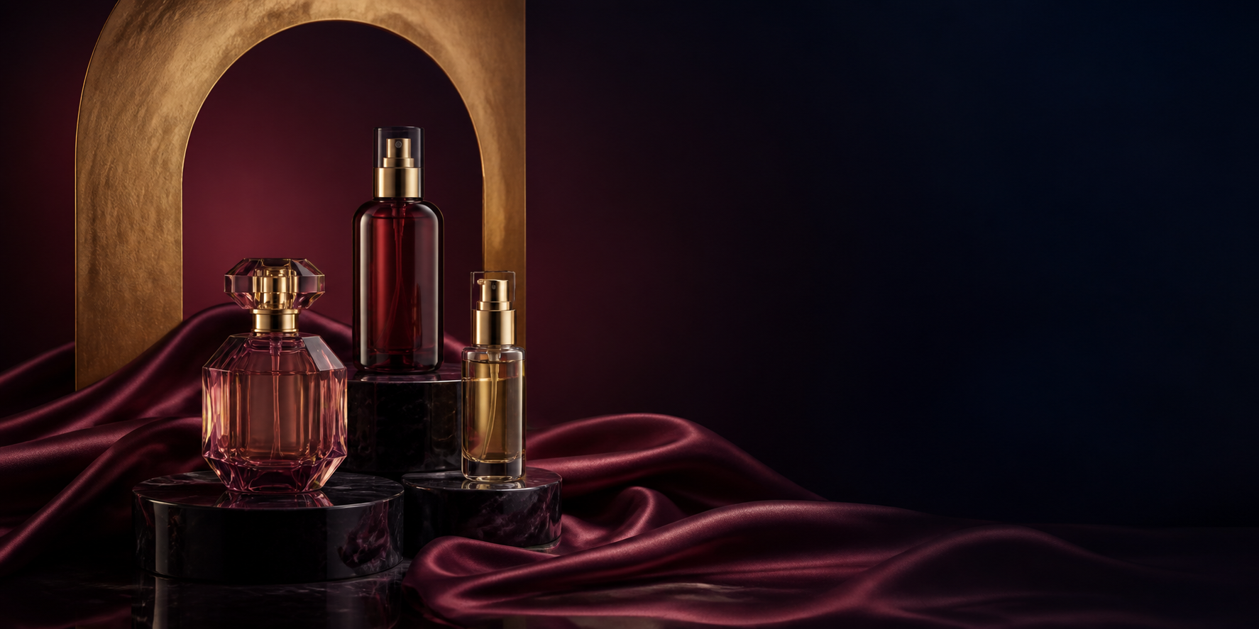 عطر و محصولات خوشبوکننده در فضای زرشکی و طلایی